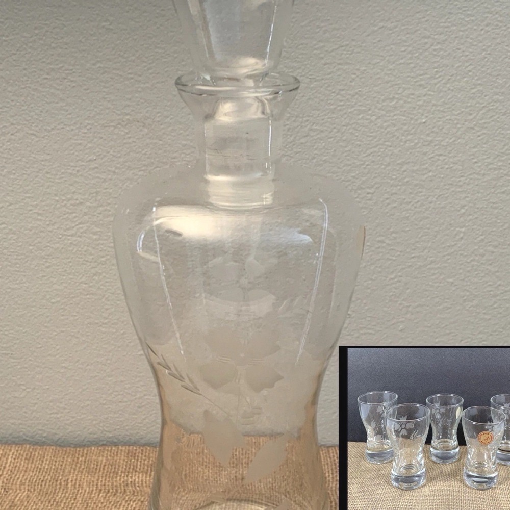 Pasabahce Etched Floral Glass Decanter & 5 Cordial Glasses Set Made in Turkey